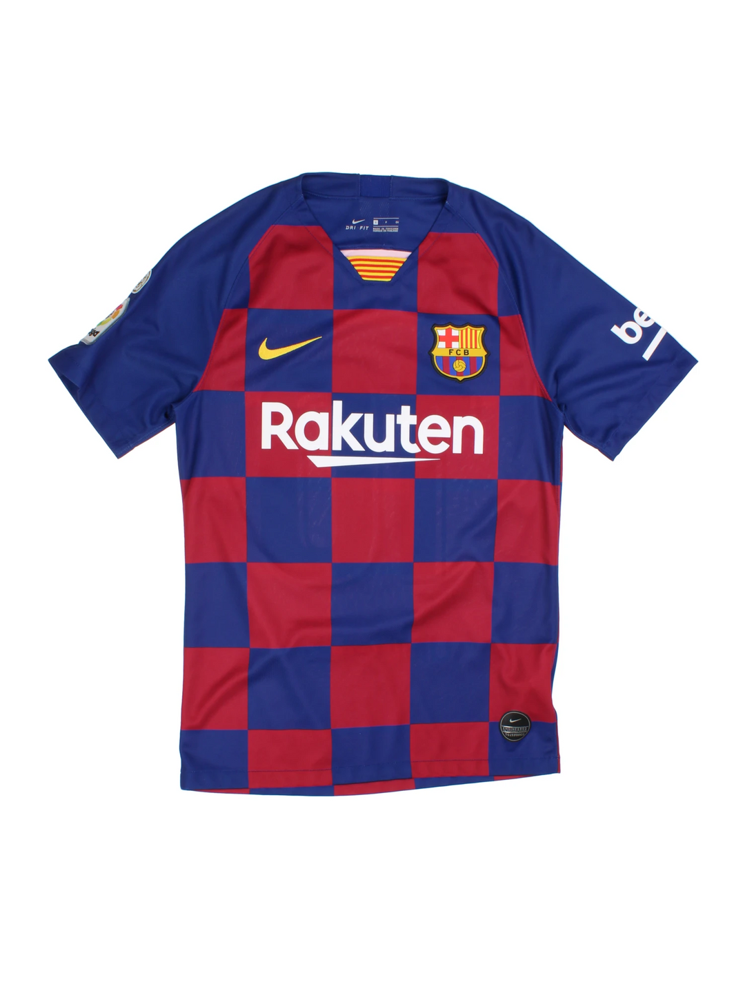 Barcelona Nike Football Shirt in the blue and red home kit colourway, features embroidered logos and badge on the front, and Messi number 10 printed on the back.