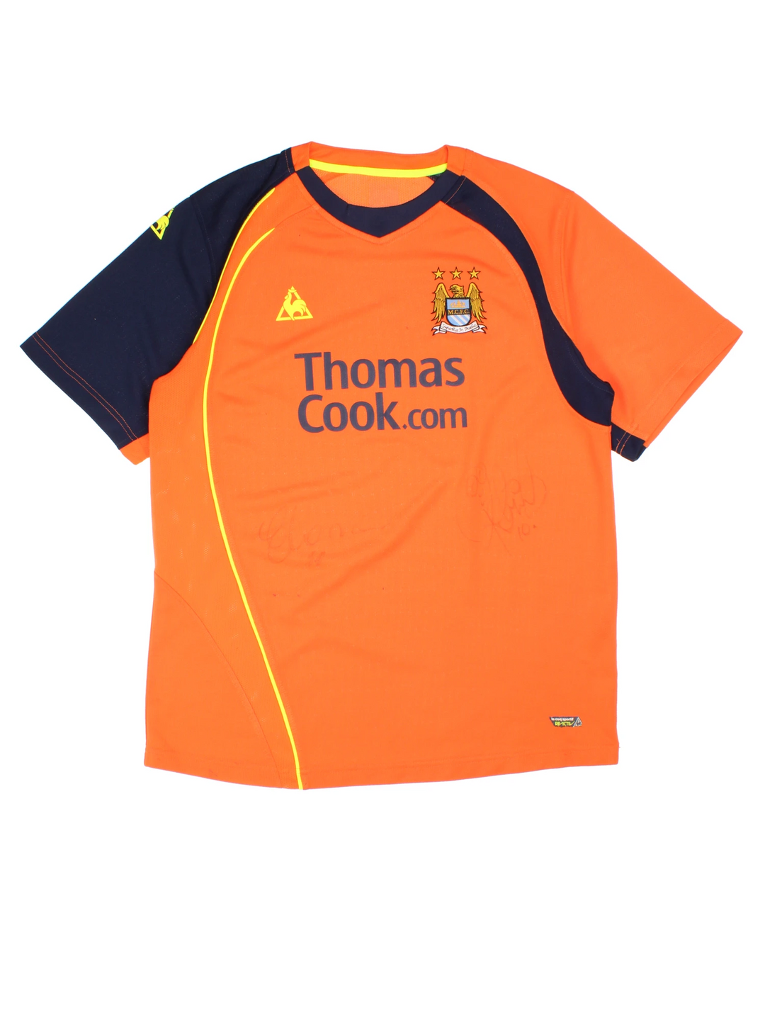 Manchester City 2008/09 Le Coq Sportif Football Shirt in the orange third kit colourway, features embroidered logo and badge on the front, and is signed by Elano number 11 and Robinho number 10.