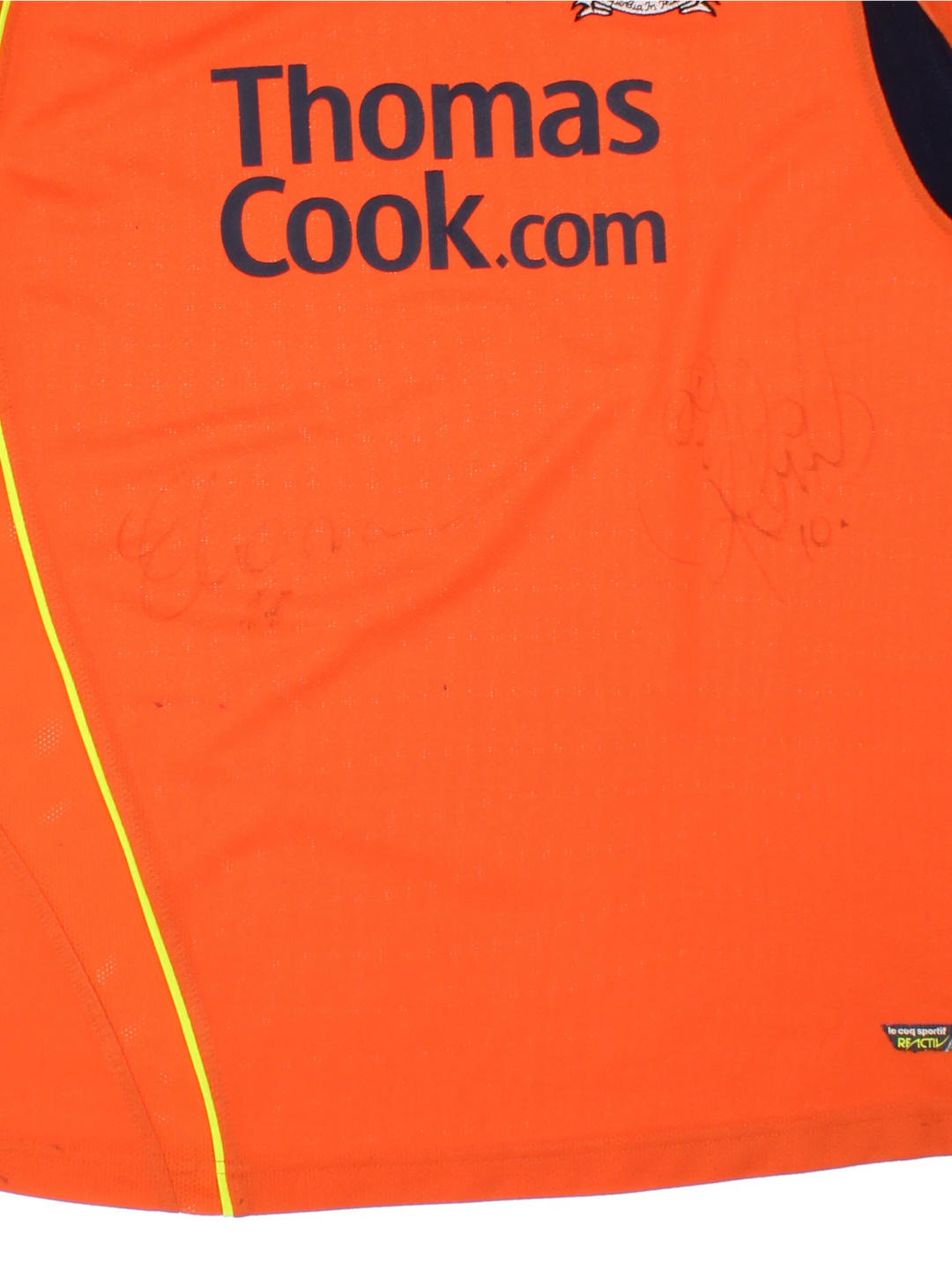 Manchester City 2008/09 Le Coq Sportif Football Shirt in the orange third kit colourway, features embroidered logo and badge on the front, and is signed by Elano number 11 and Robinho number 10.