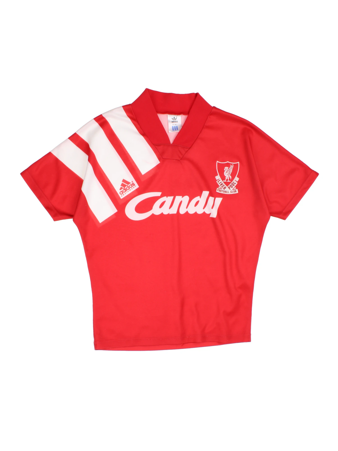 Liverpool 1991/92 Adidas Home Football Kit in the red and white team colourway, v neck and has the logos printed on the front. 