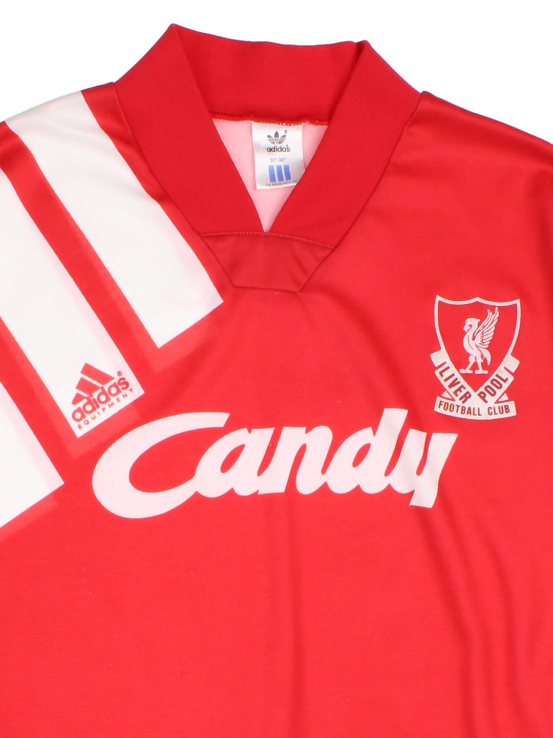 Liverpool 1991/92 Adidas Home Football Kit in the red and white team colourway, v neck and has the logos printed on the front. 