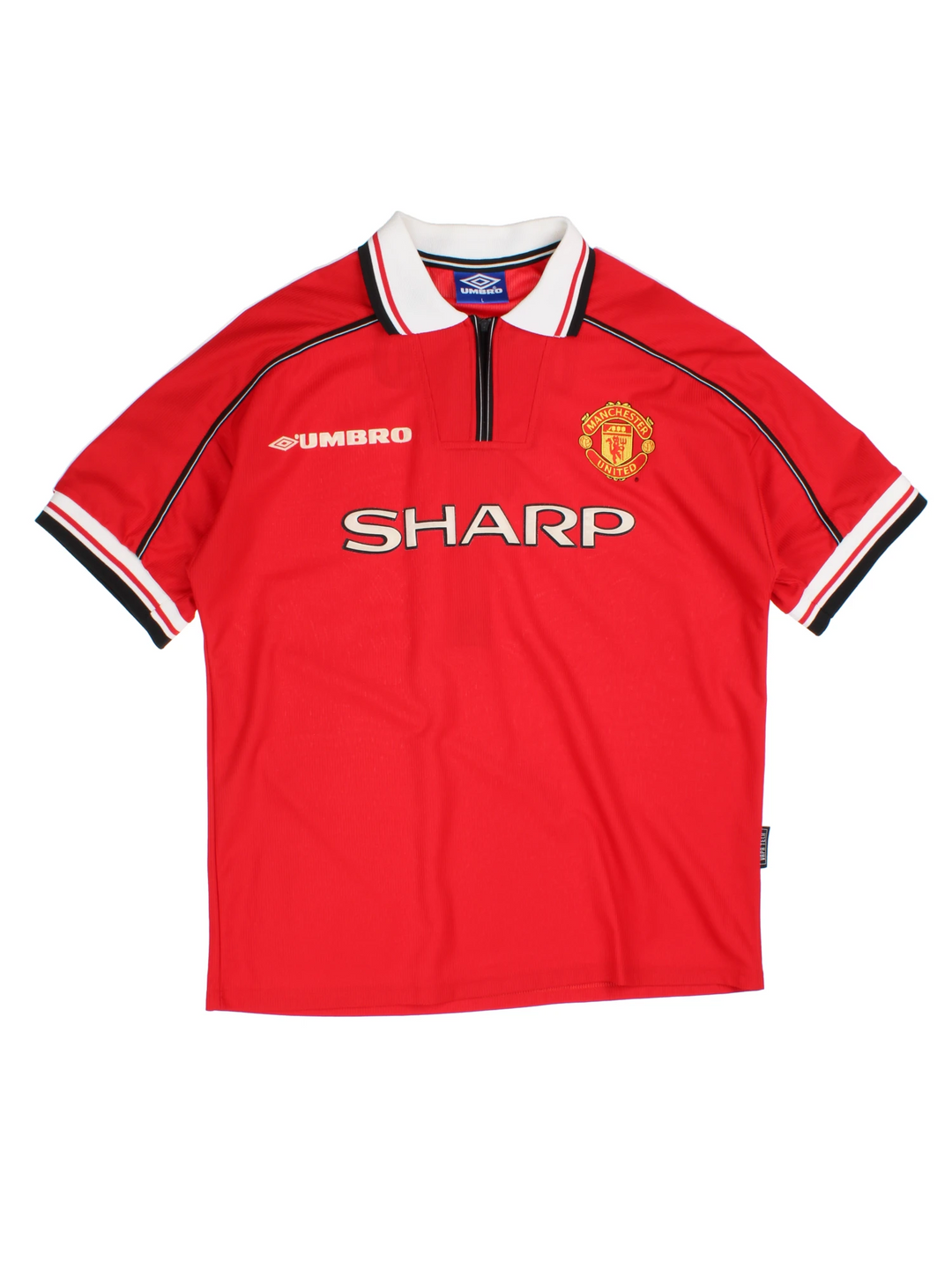 Manchester United 1998/99  Football Shirt in the  home kit colourway, features embroidered logos and badge on the front, zip up collar, and United number 1 printed on the back.