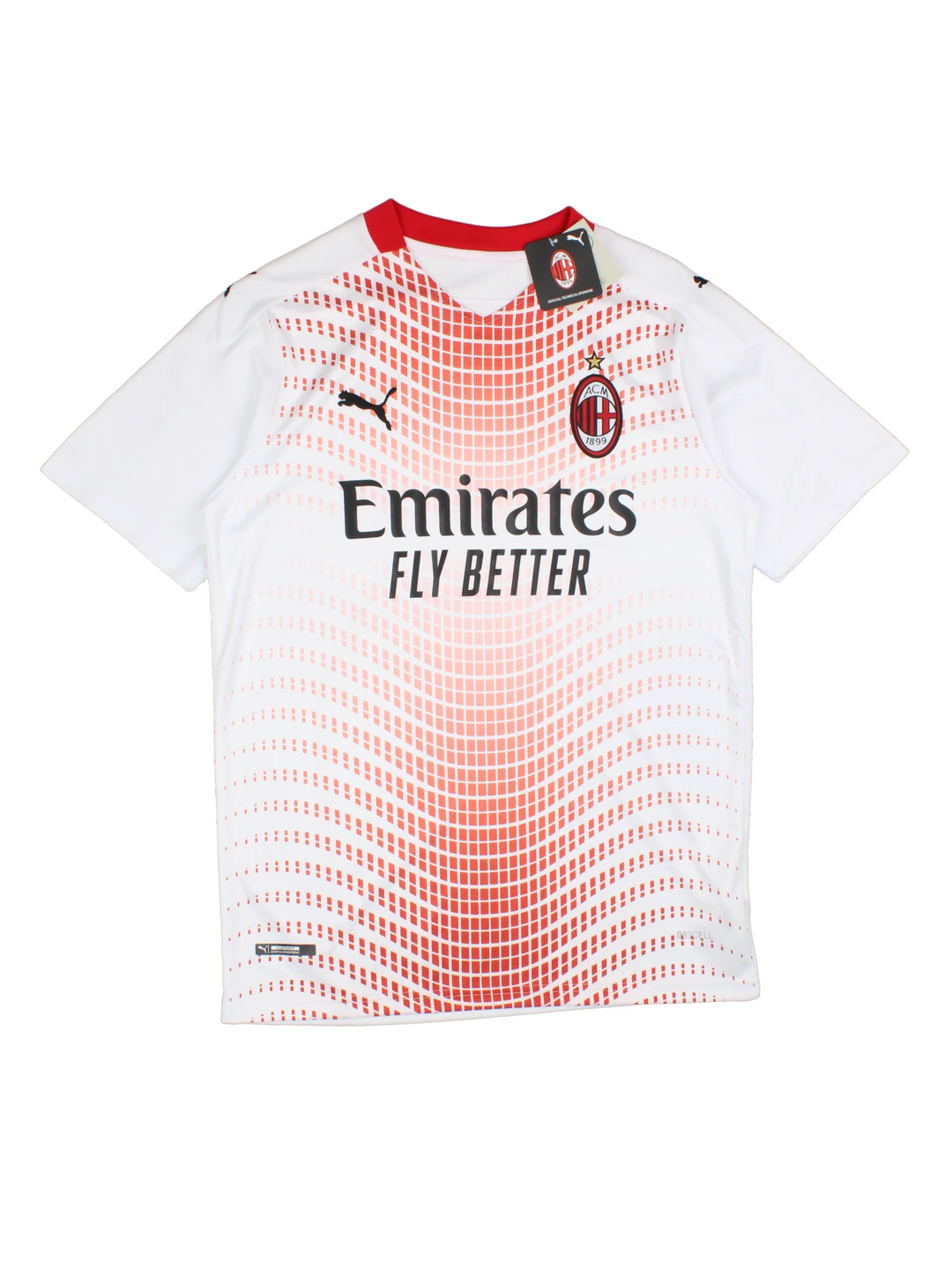 AC Milan 2020/21 Puma Away Football Shirt in the a white and red colourway, features embroidered logos and badge on the front.