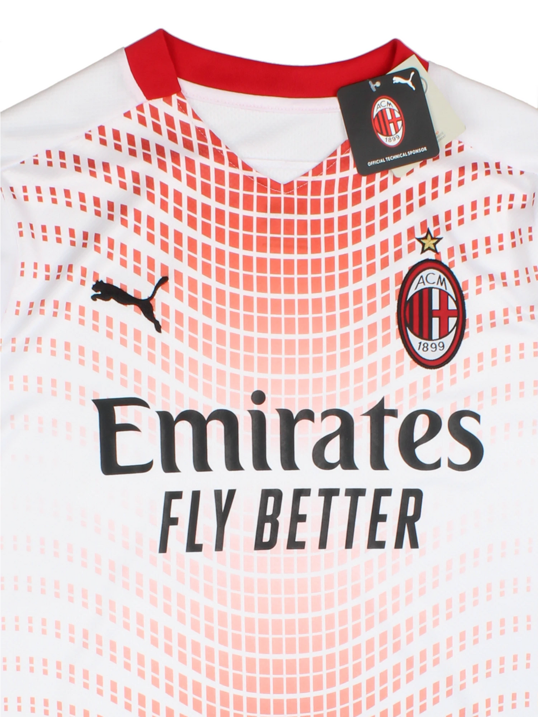 AC Milan 2020/21 Puma Away Football Shirt in the a white and red colourway, features embroidered logos and badge on the front.