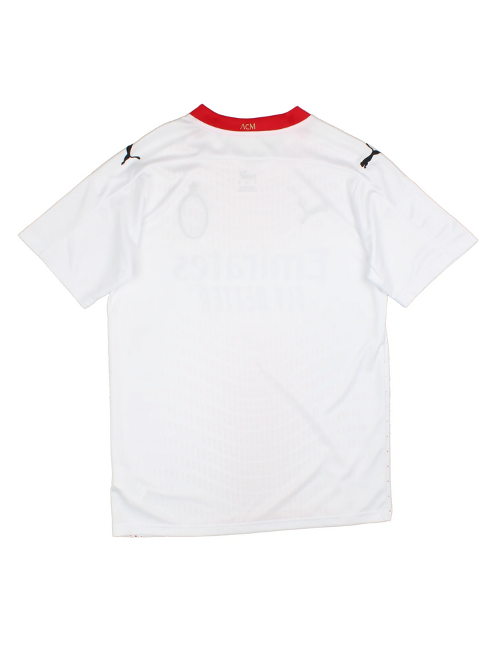 AC Milan 2020/21 Puma Away Football Shirt in the a white and red colourway, features embroidered logos and badge on the front.