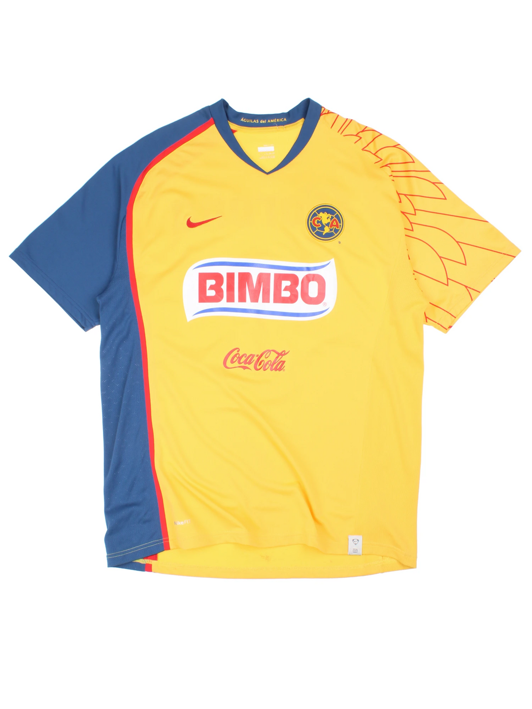 Vintage Club America 2007/08, Nike home football shirt, yellow, red and blue team colourway, v neck, and has logos printed on the front and back.
