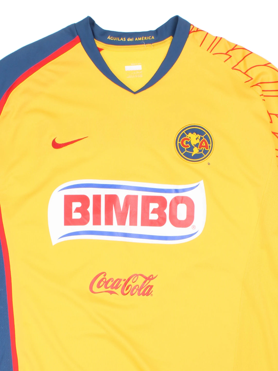 Vintage Club America 2007/08, Nike home football shirt, yellow, red and blue team colourway, v neck, and has logos printed on the front and back.