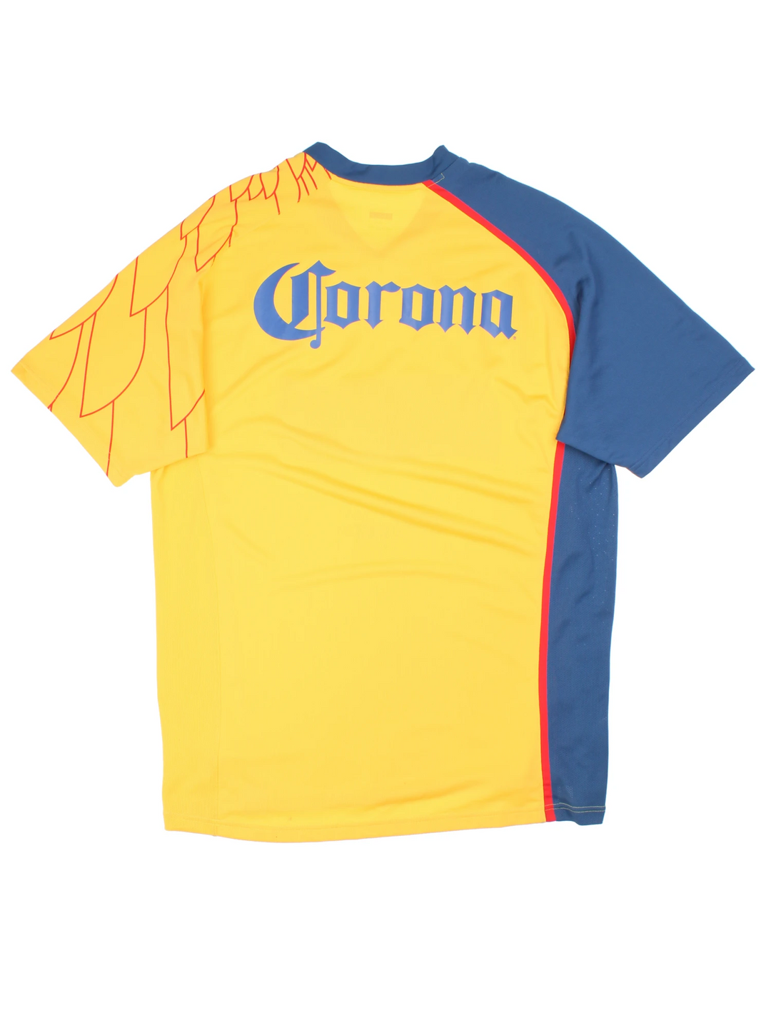 Vintage Club America 2007/08, Nike home football shirt, yellow, red and blue team colourway, v neck, and has logos printed on the front and back.