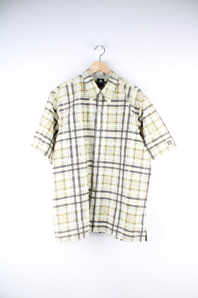 Nike ACG abstract plaid yellow and grey button up short sleeve shirt with logo on the sleeve