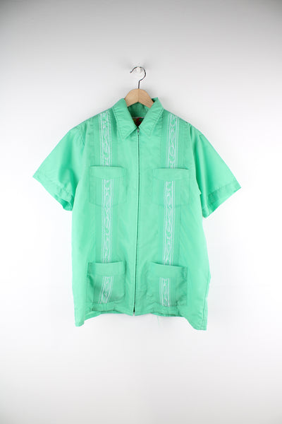 Vintage Haband Guayabera mint green cuban shirt with white contrast embroidered details down the front