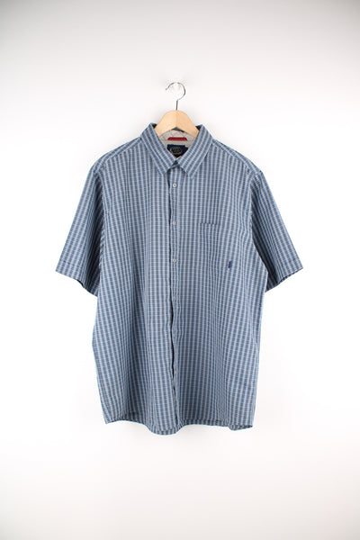 Billabong short sleeved cotton shirt in blue tone plaid, button up with chest pocket.