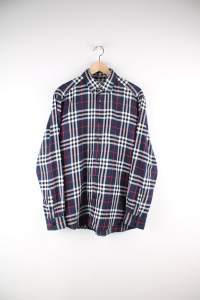 Burberry London navy blue, white and red check shirt button up cotton shirt 