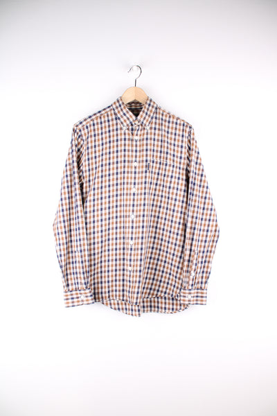 Vintage Aquascutum brown and tan plaid button up shirt with chest pocket