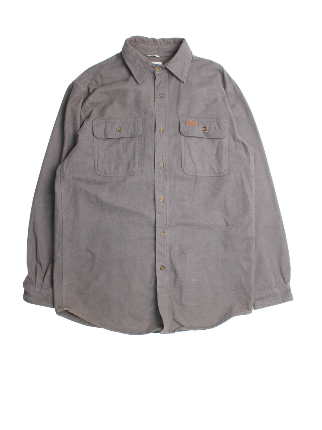 Carhartt Shirt in a grey colourway, button up with front patch pockets and leather branding tab.