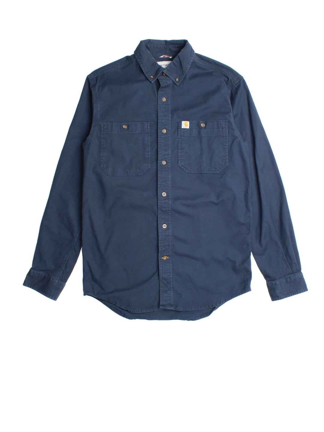 Carhartt Shirt in a blue colourway, button up with front patch pockets and embroidered branding.