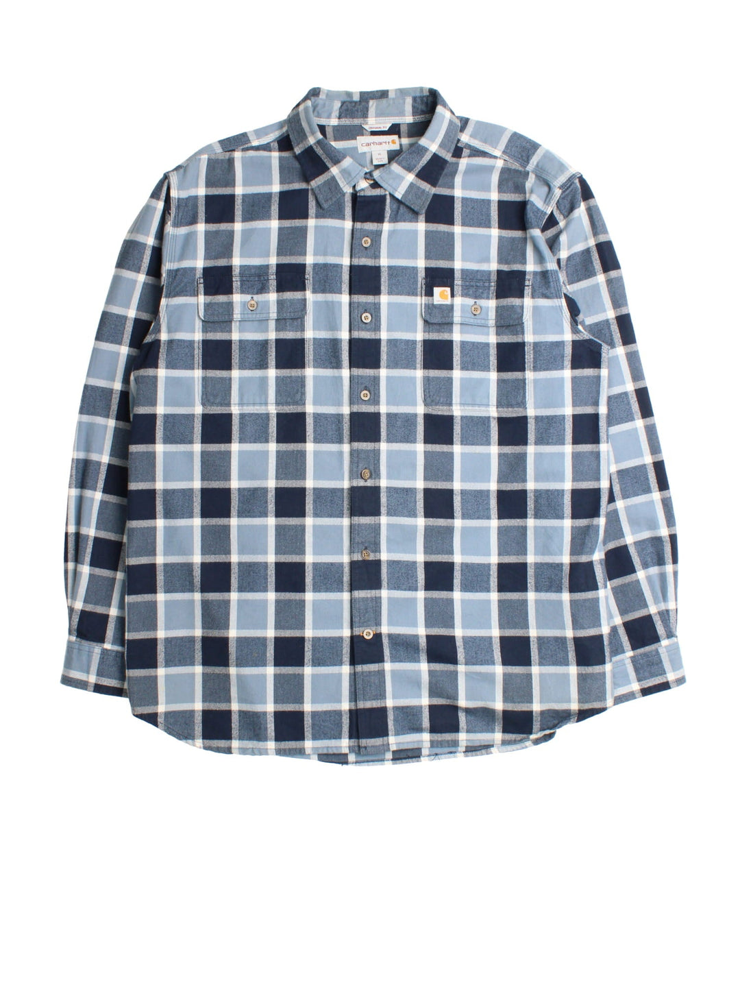 Carhartt Flannel Shirt in a blue checked colourway, button up with front patch pockets and embroidered branding.