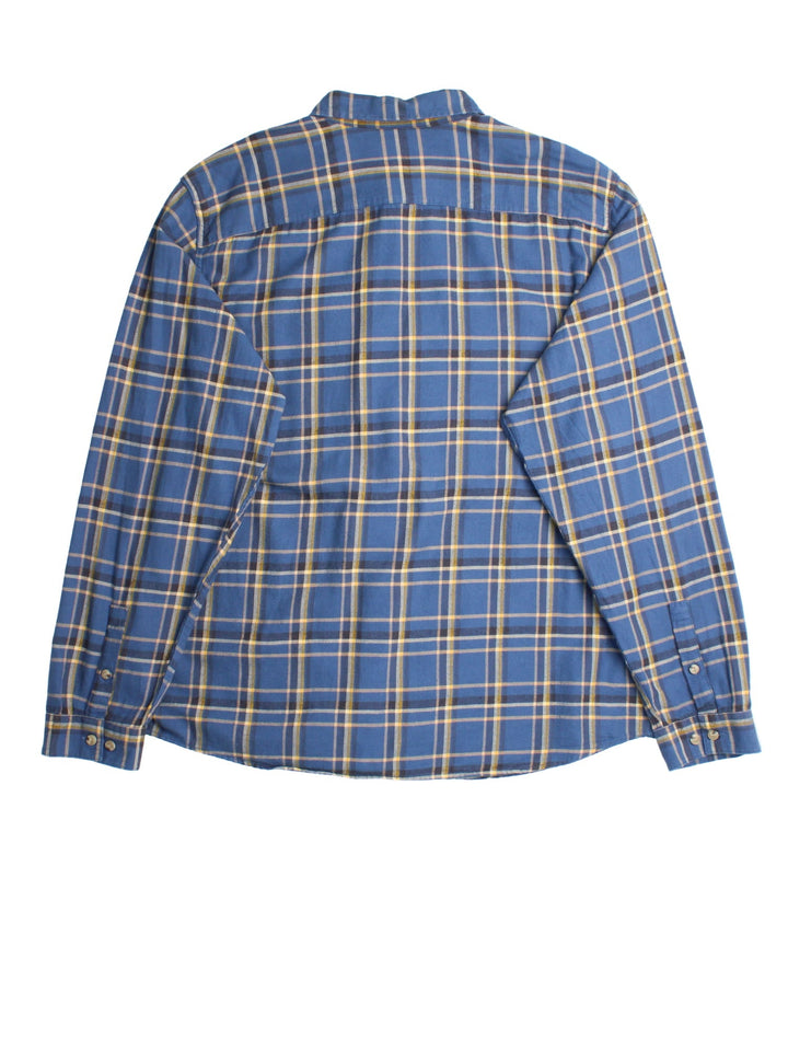 Patagonia Flannel Shirt in a blue checked colourway, button up with front pocket and embroidered tab branding.