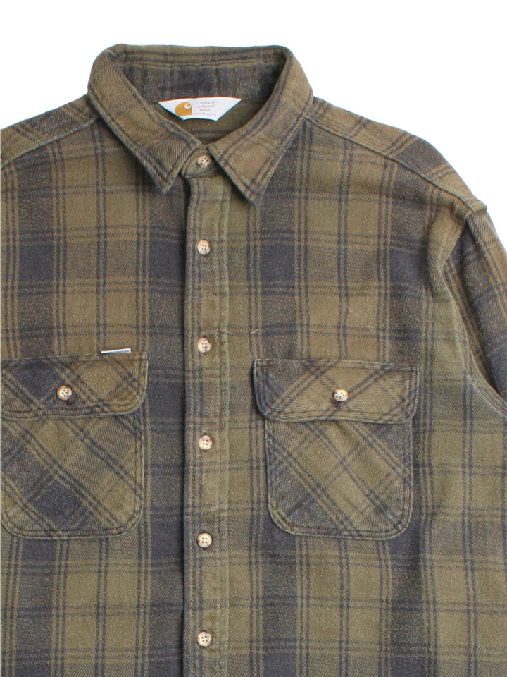 Carhartt Shirt in a green checked colourway, button up with front patch pockets and embroidered tab branding.