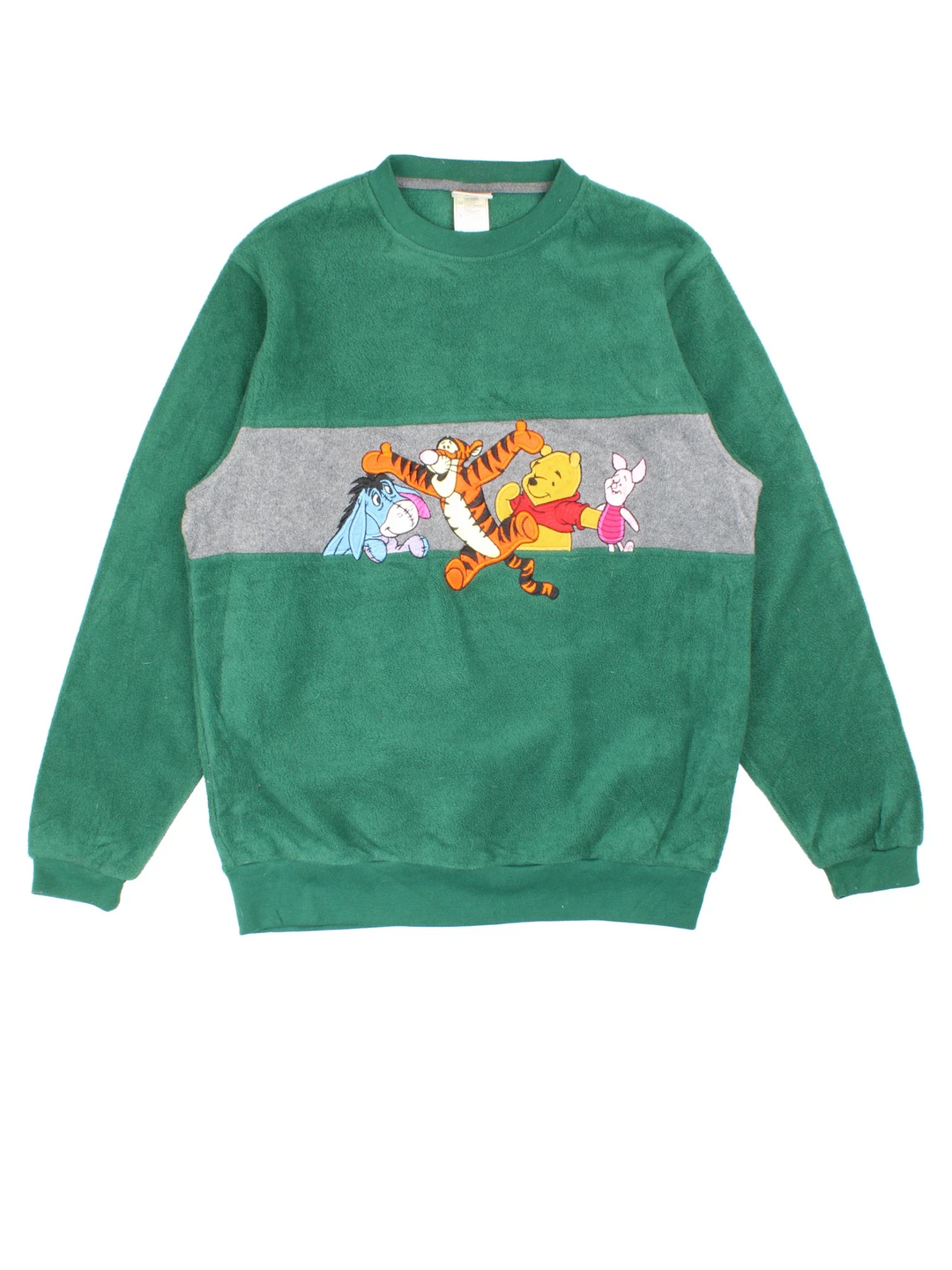 Vintage 90's Disney Winnie The Pooh Fleece Jumper in a green colourway. Crew neck and has embroidered graphic on the front.
