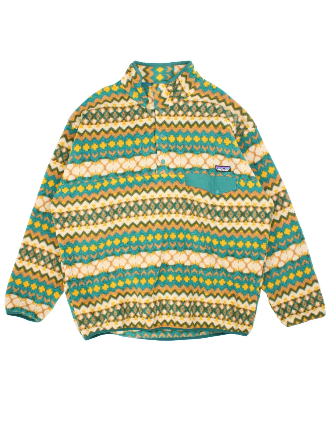 Vintage Patagonia Synchilla Snap-T Fleece in a green/yellow patterned colourway. x3 button popper fastening, with front pocket and embroidered logo on the front.