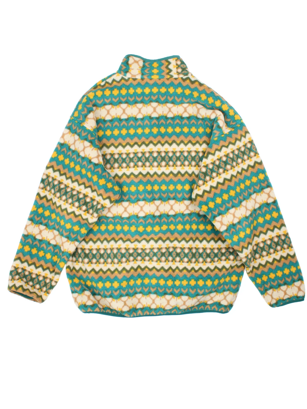 Vintage Patagonia Synchilla Snap-T Fleece in a green/yellow patterned colourway. x3 button popper fastening, with front pocket and embroidered logo on the front.