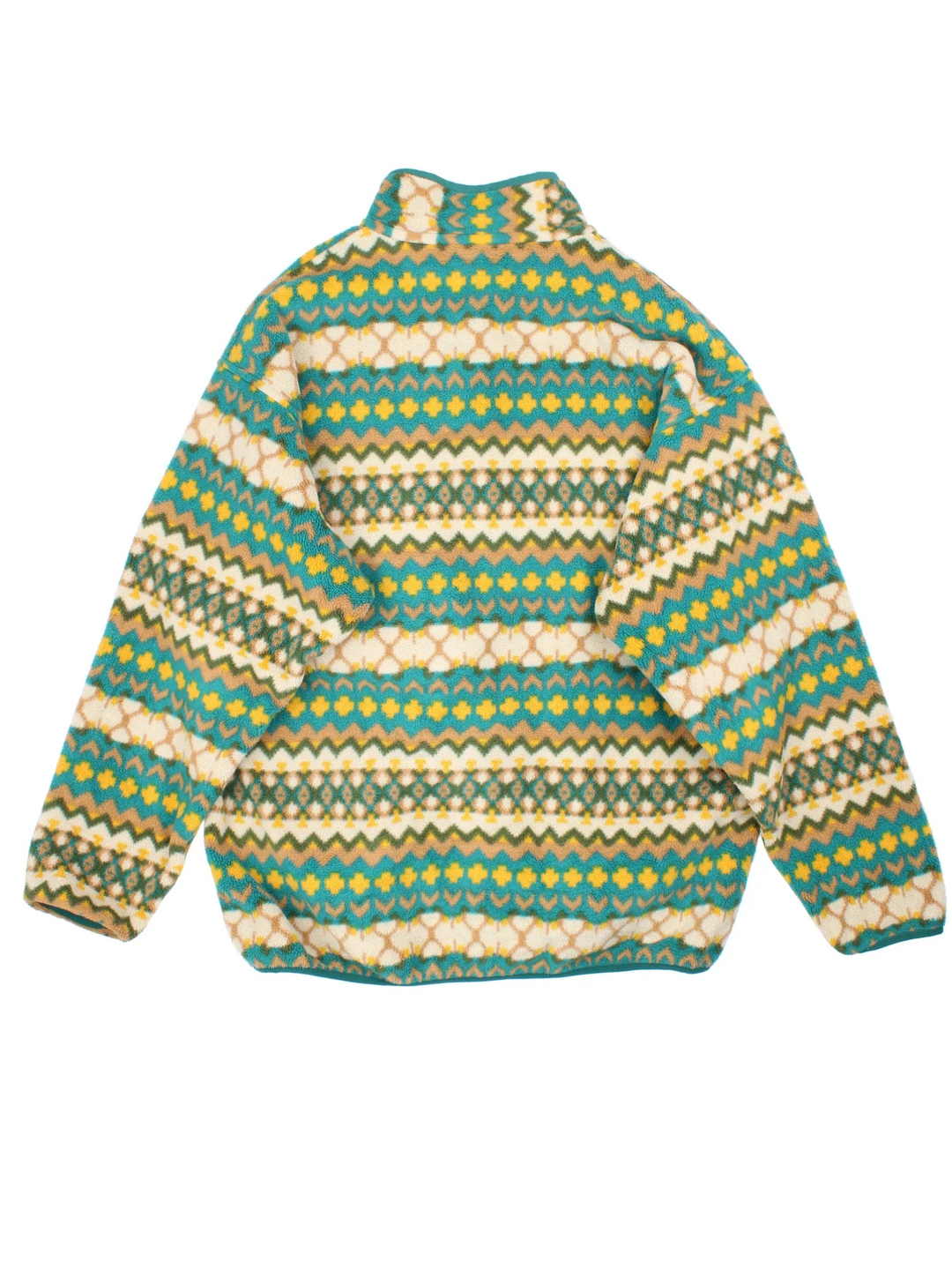 Vintage Patagonia Synchilla Snap-T Fleece in a green/yellow patterned colourway. x3 button popper fastening, with front pocket and embroidered logo on the front.