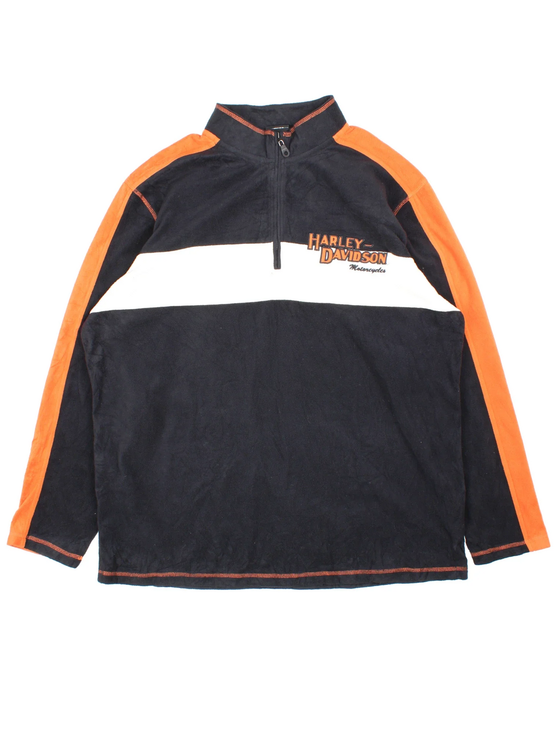 Vintage Harley-Davidson 1/4 Zip Fleece in a black/orange colourway. 1/4 zip fastening, with branding embroidered on the front and back.