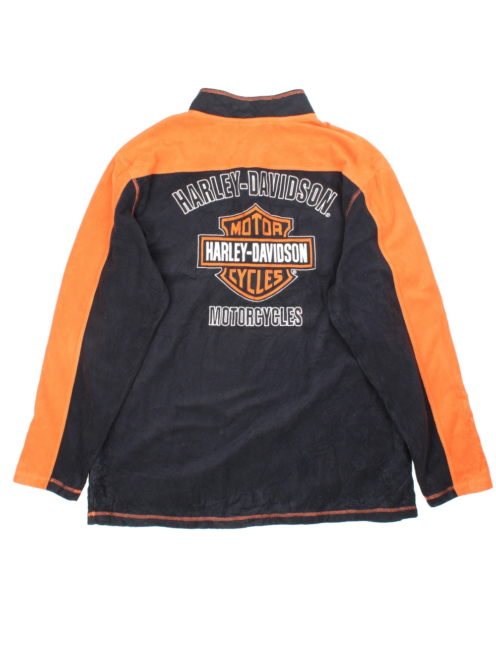 Vintage Harley-Davidson 1/4 Zip Fleece in a black/orange colourway. 1/4 zip fastening, with branding embroidered on the front and back.