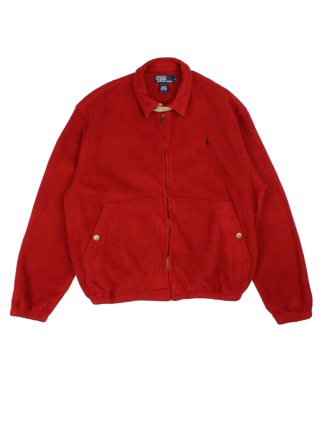 Ralph Lauren Harrington Fleece Jacket in a red colourway. Zips up and has side pockets, and the logo embroidered on the front.