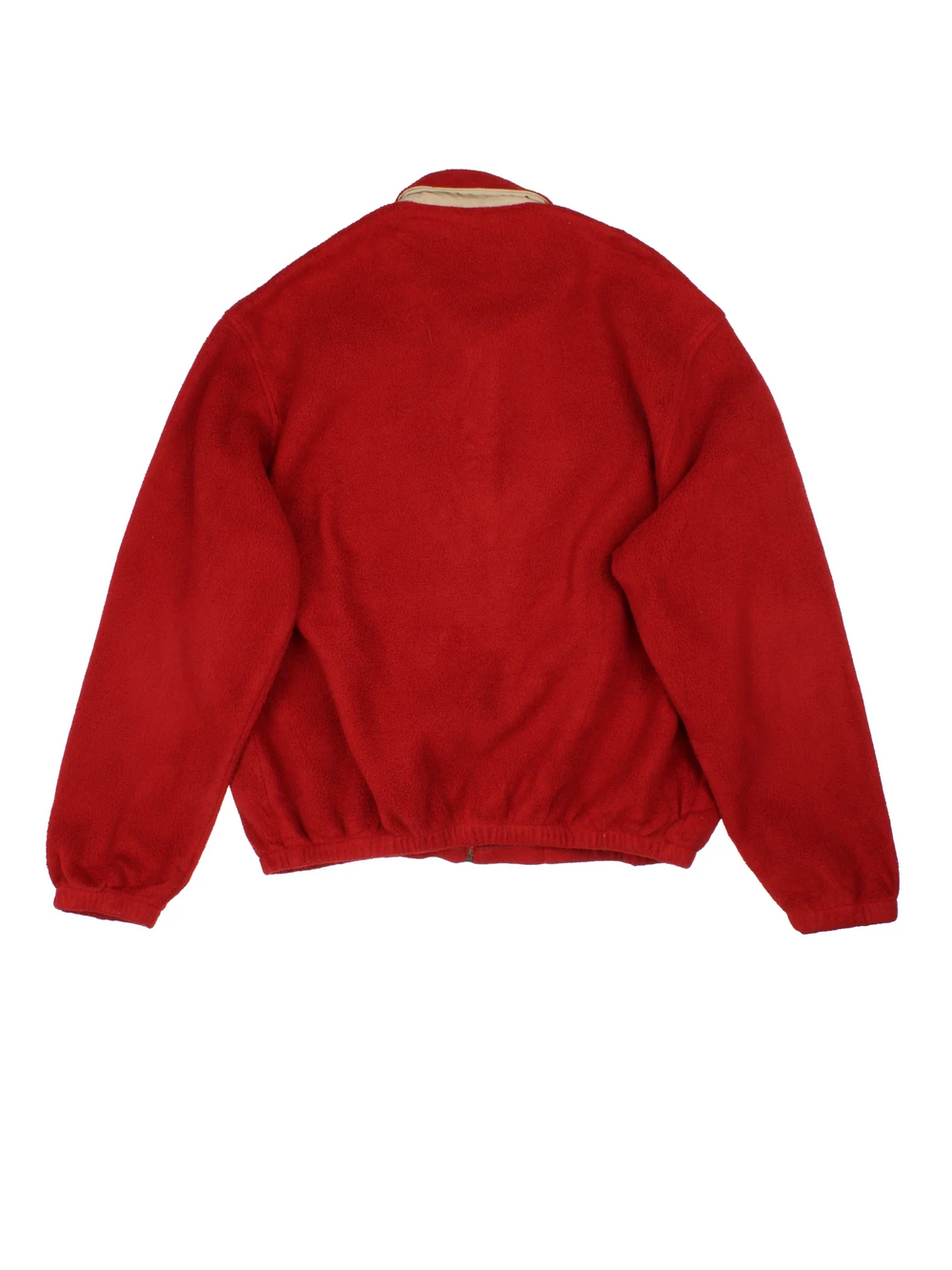 Ralph Lauren Harrington Fleece Jacket in a red colourway. Zips up and has side pockets, and the logo embroidered on the front.
