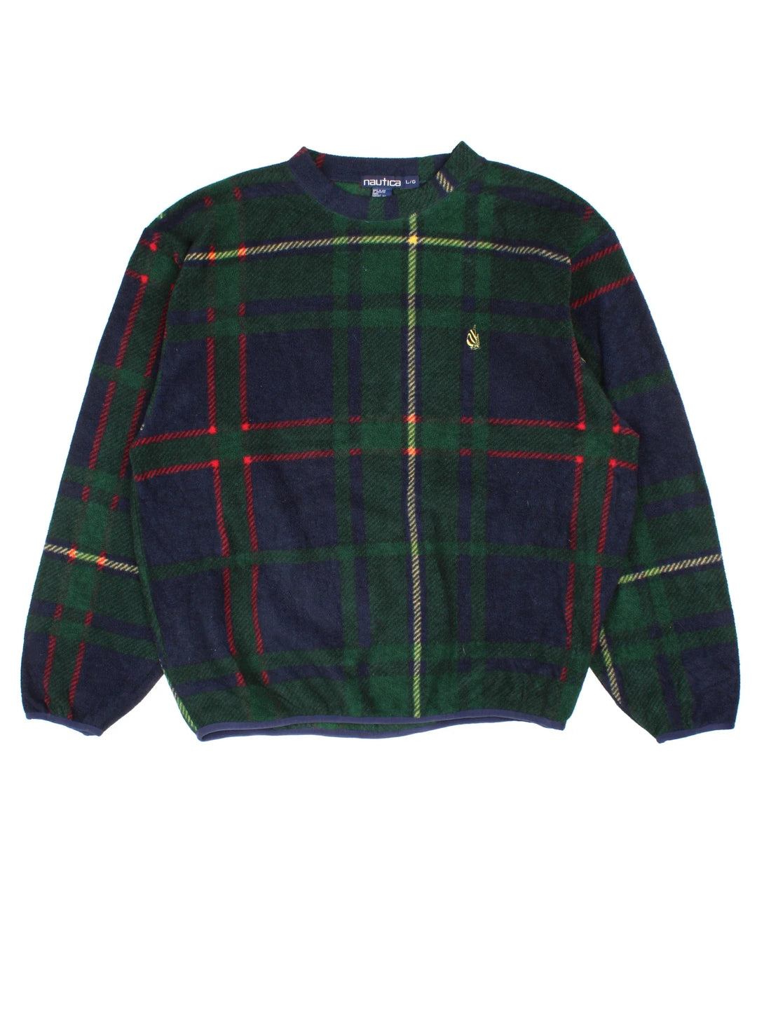 Vintage Nautica Fleece Sweatshirt in a green plaid pattern colourway. Pullover and has the logo embroidered on the front.