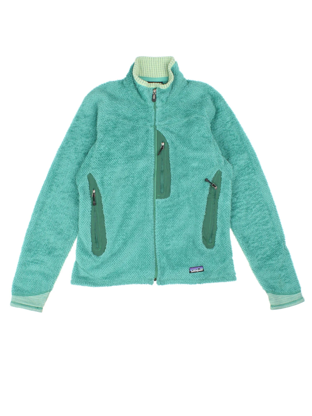 Patagonia R2 Fleece in a turquoise blue colourway. Zips up and has multiple pockets, and the logo embroidered on the front.
