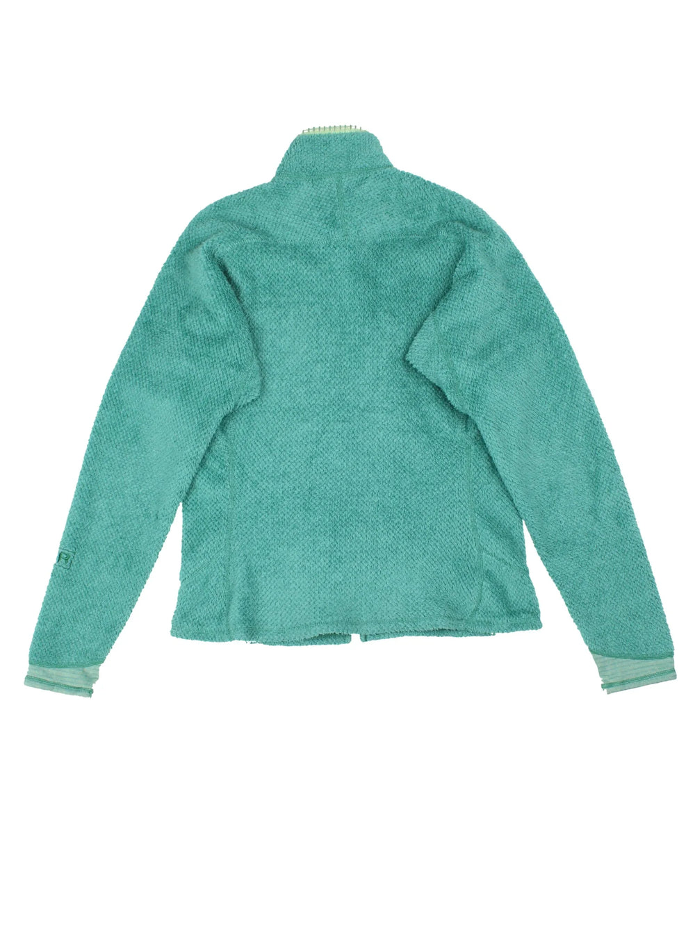Patagonia R2 Fleece in a turquoise blue colourway. Zips up and has multiple pockets, and the logo embroidered on the front.