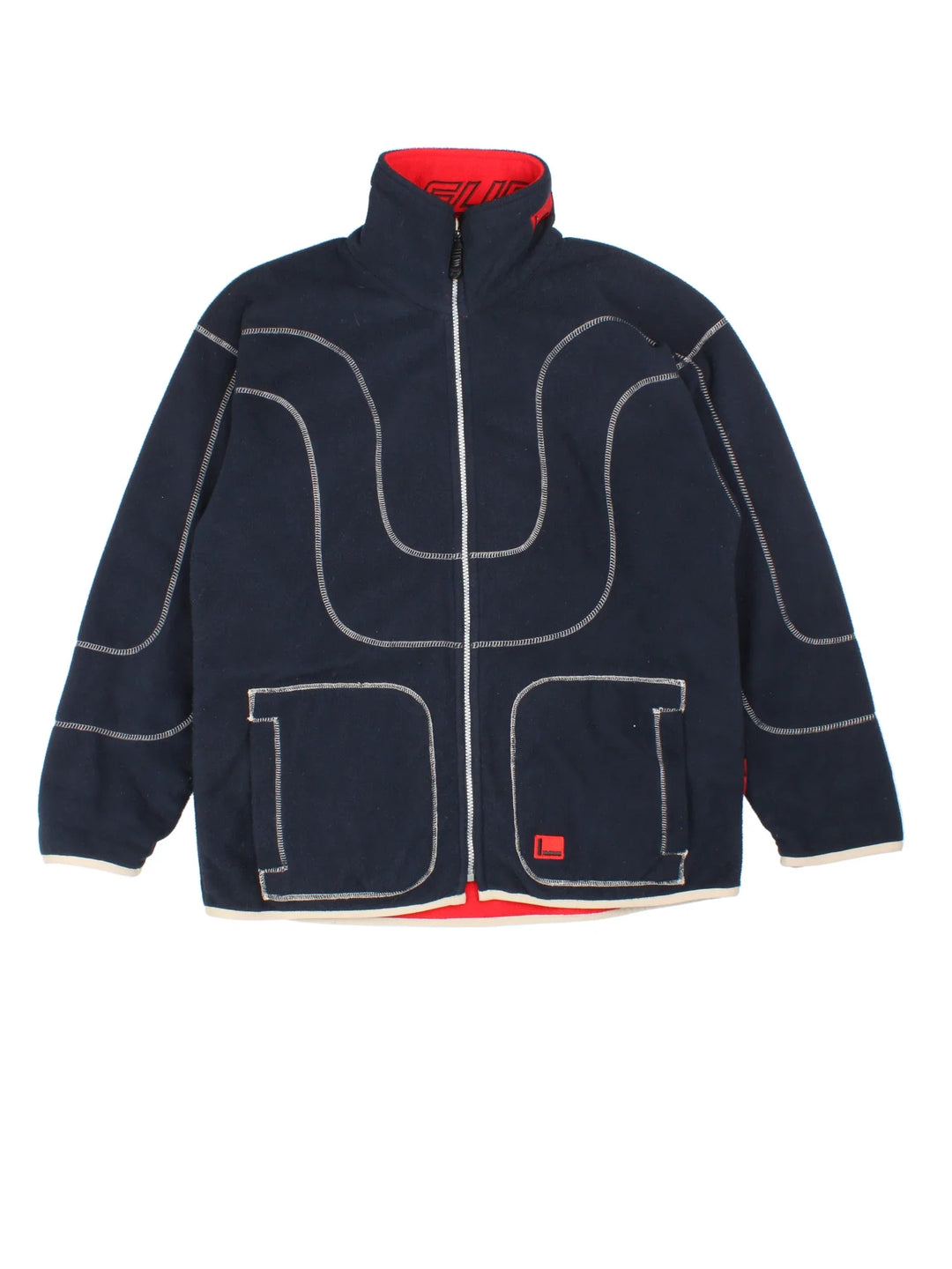 FUBU Reversible Fleece in either a blue or red colourway options. Zips up and has side pockets, contrast stitching detailing throughout, and the logo embroidered on the front.