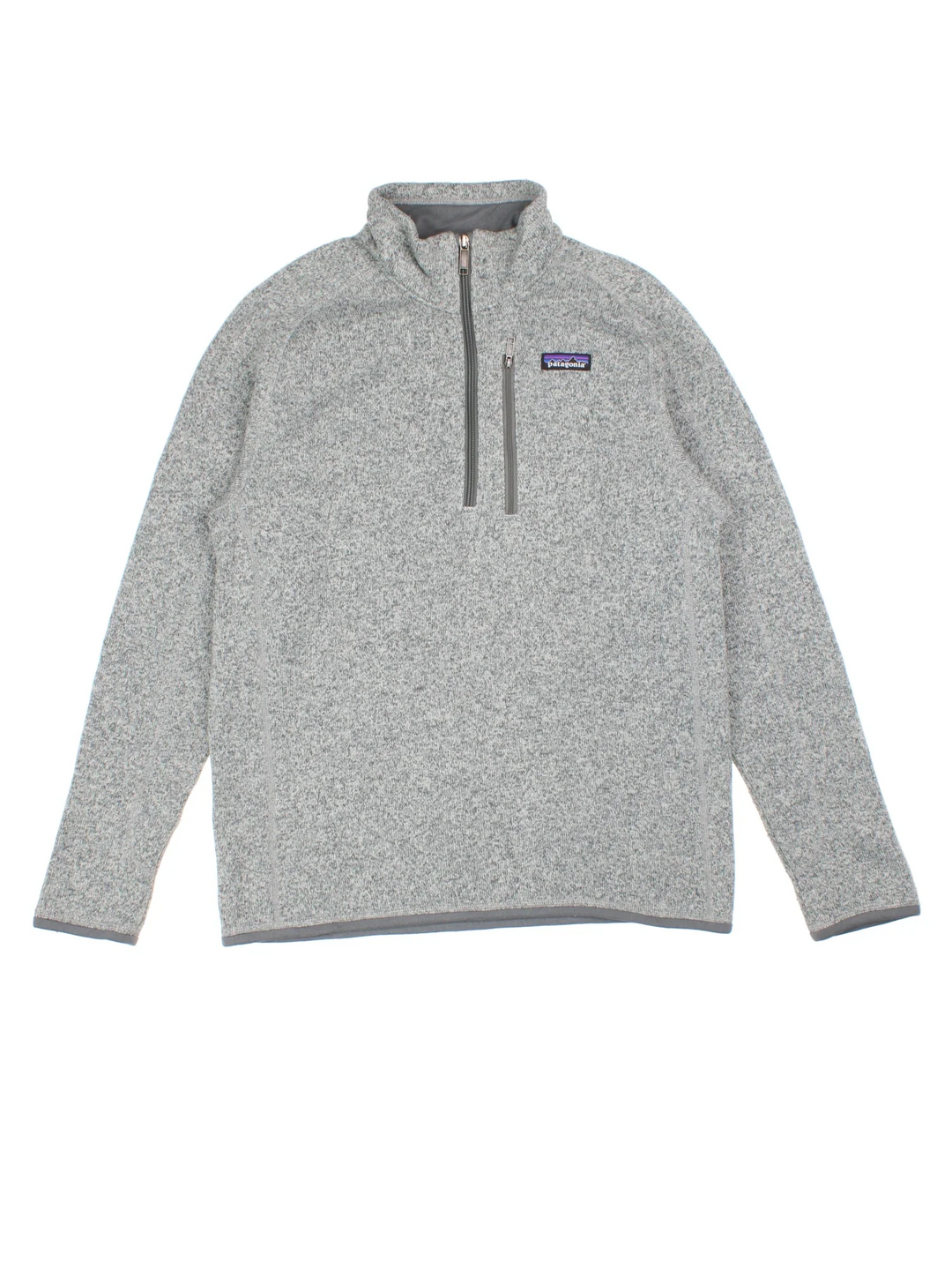Patagonia Fleece in a grey colourway. 1/4 zip up closure and has a chest pocket, and the logo embroidered on the front.