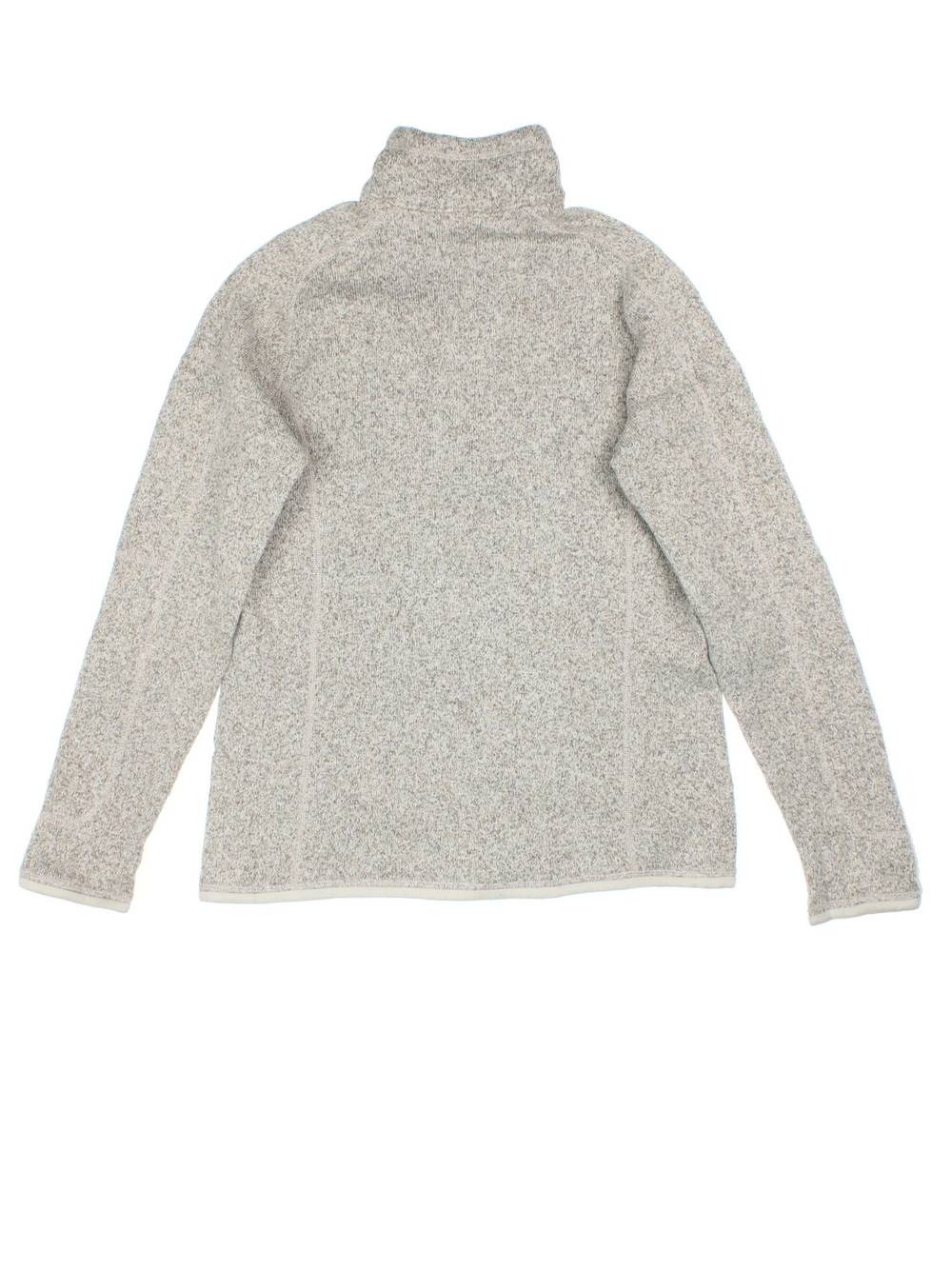 Patagonia Fleece in a tan / grey colourway. Half zip up closure and has a pocket on the left sleeve, and the logo embroidered on the front.