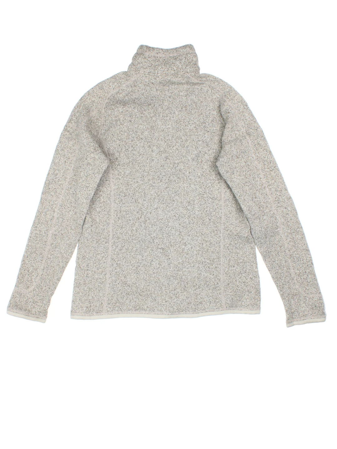 Patagonia Fleece in a tan / grey colourway. Half zip up closure and has a pocket on the left sleeve, and the logo embroidered on the front.