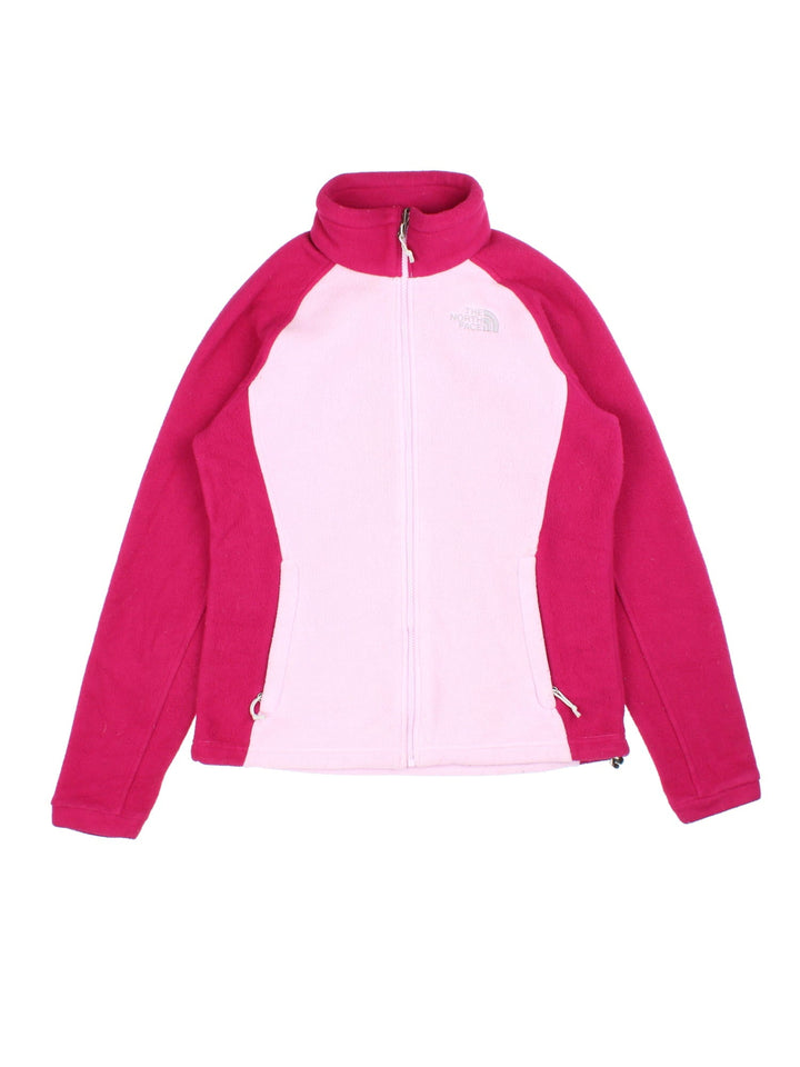 The North Face Fleece in a pink colourway with dark pink sleeves and collar. Full zip with multiple pockets and classic small logo on the front.