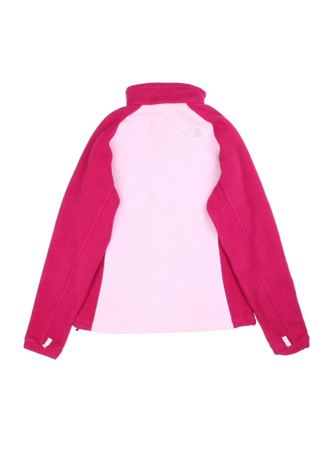 The North Face Fleece in a pink colourway with dark pink sleeves and collar. Full zip with multiple pockets and classic small logo on the front.