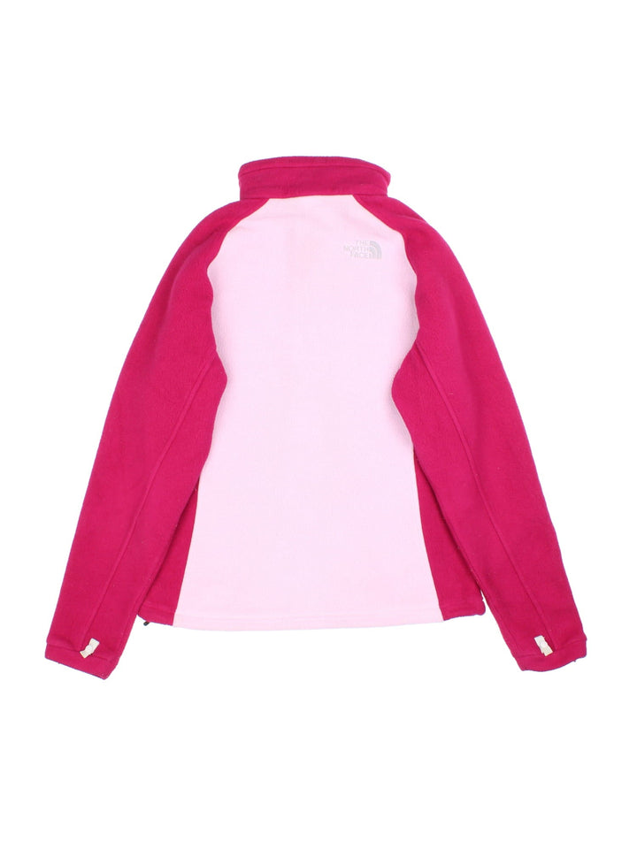 The North Face Fleece in a pink colourway with dark pink sleeves and collar. Full zip with multiple pockets and classic small logo on the front.