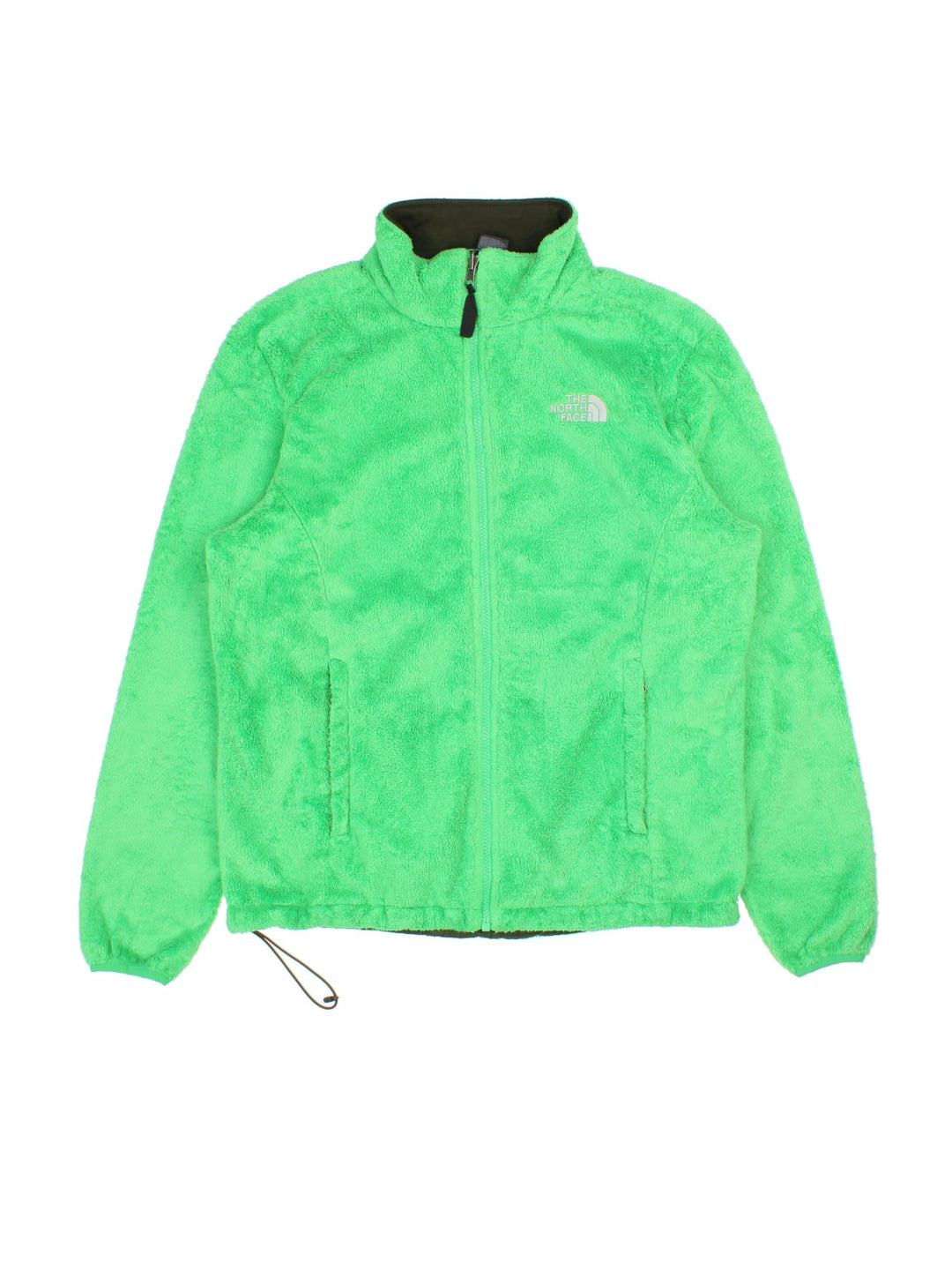 The North Face Osito Fleece in a lime green colourway. Full zip with side pockets, drawstring hem and small classic logo on the front.