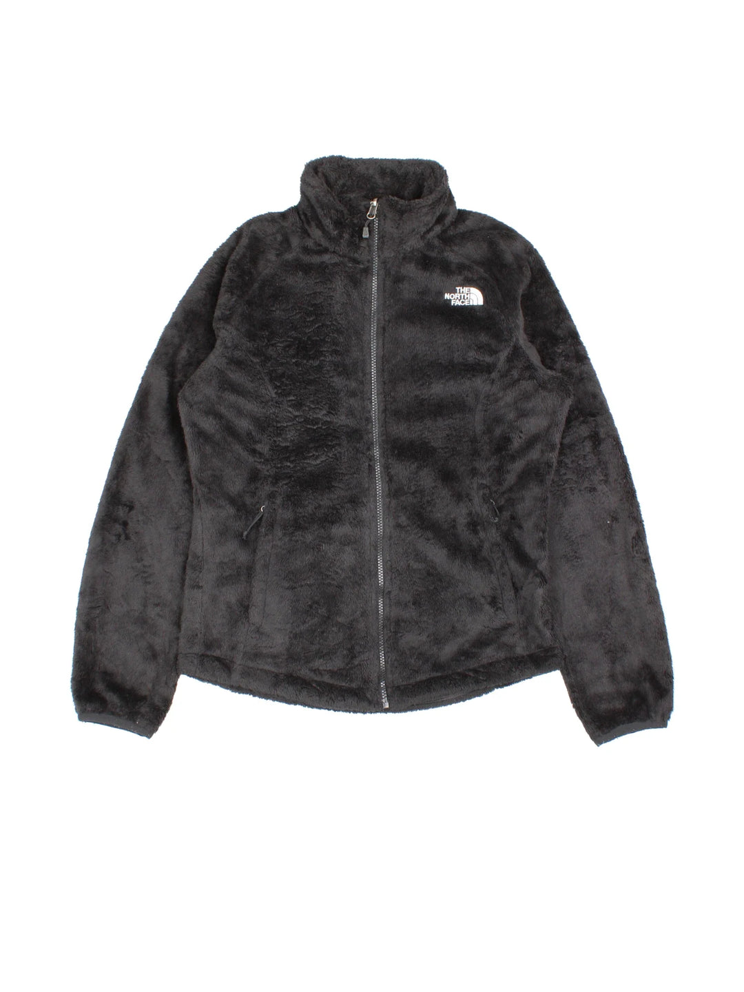 The North Face Osito Fleece in a black colourway. Zips up and has side pockets, and has the logo embroidered on the front and back.