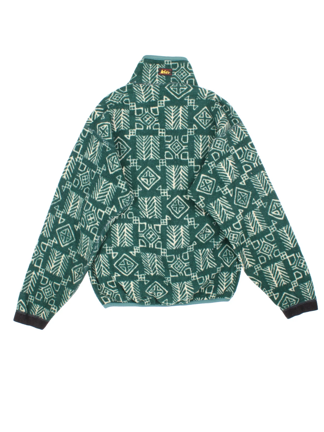 Vintage 90's REI Patterned Fleece in a green colourway with all over abstract pattern. Half zip closure and has a pouch pocket, and the logo embroidered on the back of the collar.