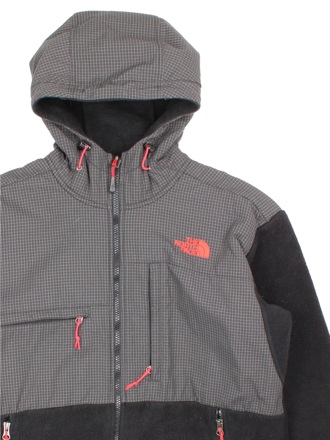 Vintage The North Face Denali Hooded Fleece in a black and grey colourway. Zips up and has multiple pockets, and the logo embroidered on the front and back.