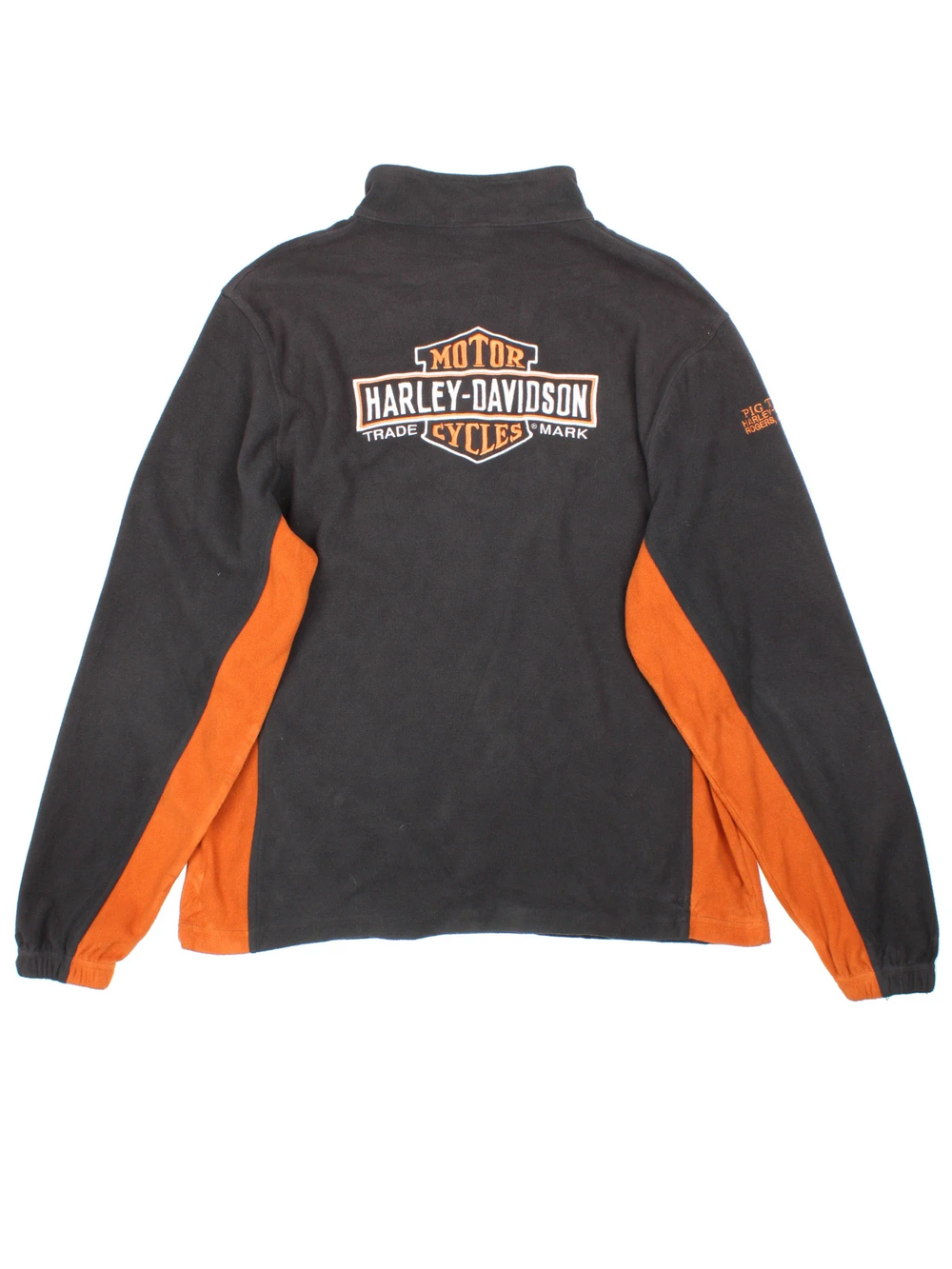 Vintage Harley-Davidson Motorcycles Fleece in a black and orange colourway. 1/4 zip closure and has side pockets, and the logo embroidered on the front and back.