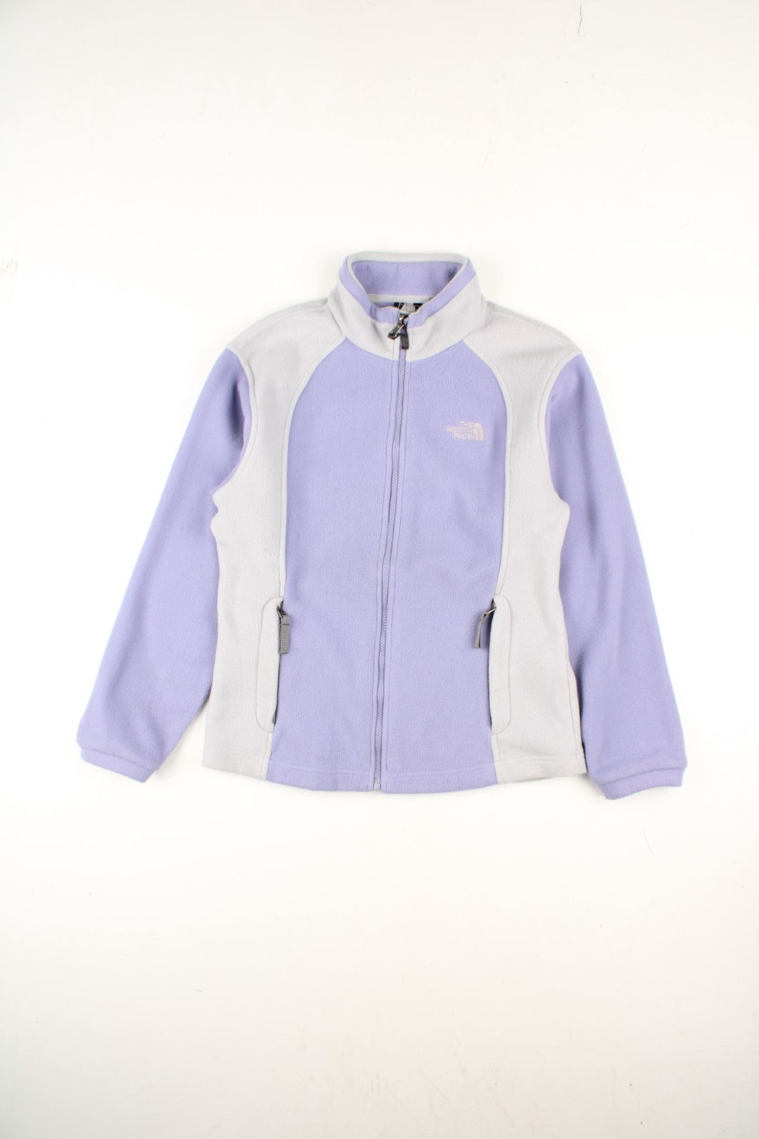 Vintage The North Face Fleece in a purple/grey colourway. Zip up fastening with side zip pockets, branding embroidered on front.