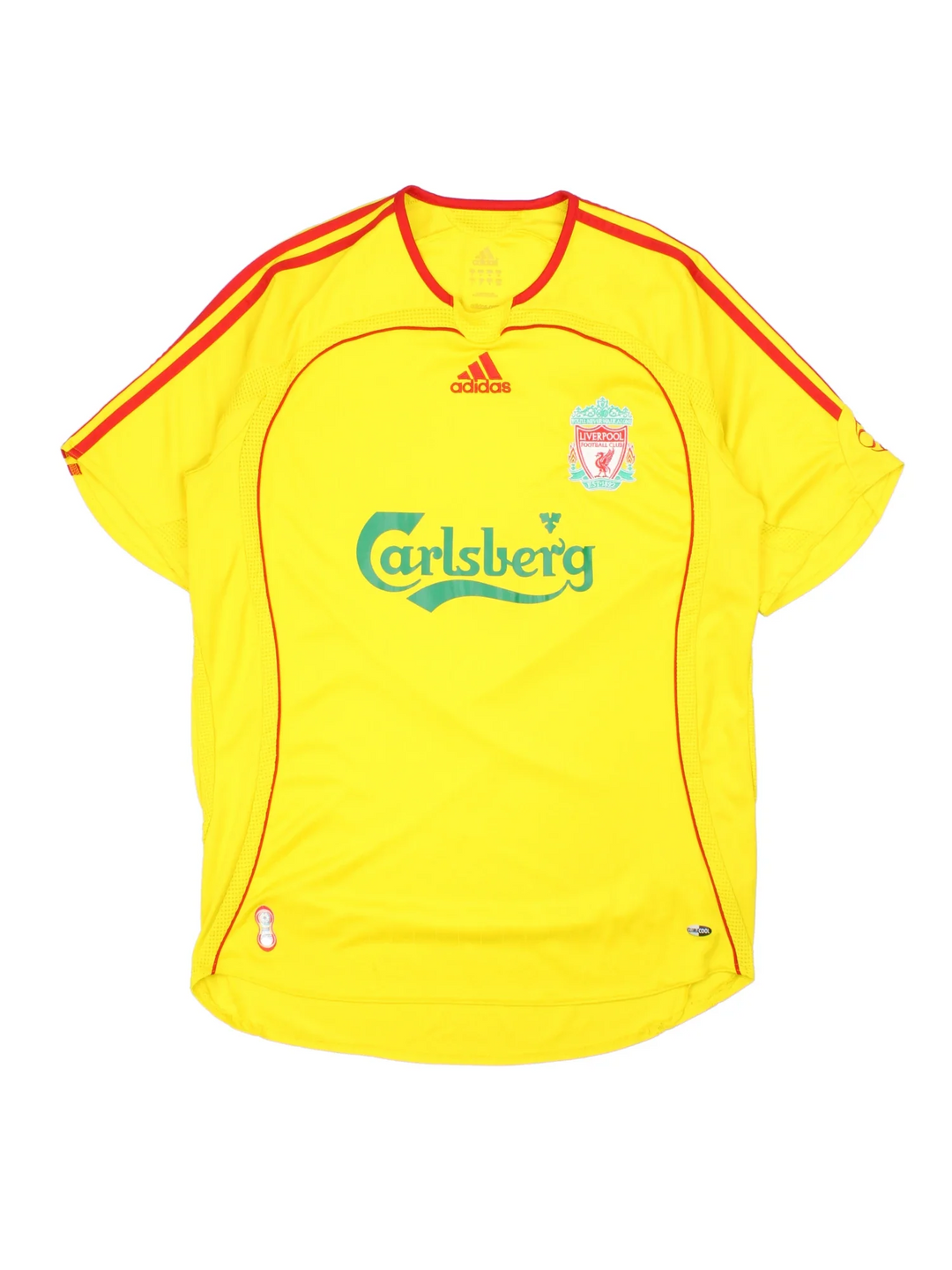 Liverpool 2006/07 Adidas Football Shirt in the yellow away kit colourway, features embroidered logos and badge on the front and classic red 3 stripe on the shoulders.