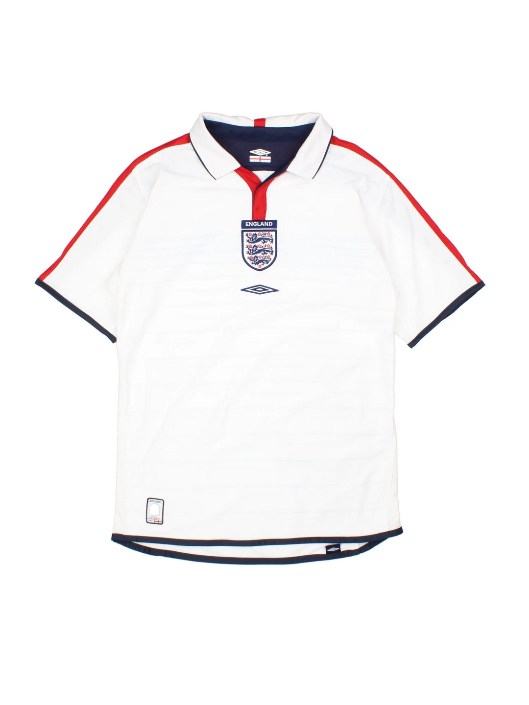 England 2003/05 Umbro Football Shirt in the white home kit colourway with reversible side, features embroidered logos and badge on both sides and red and blue detailing
