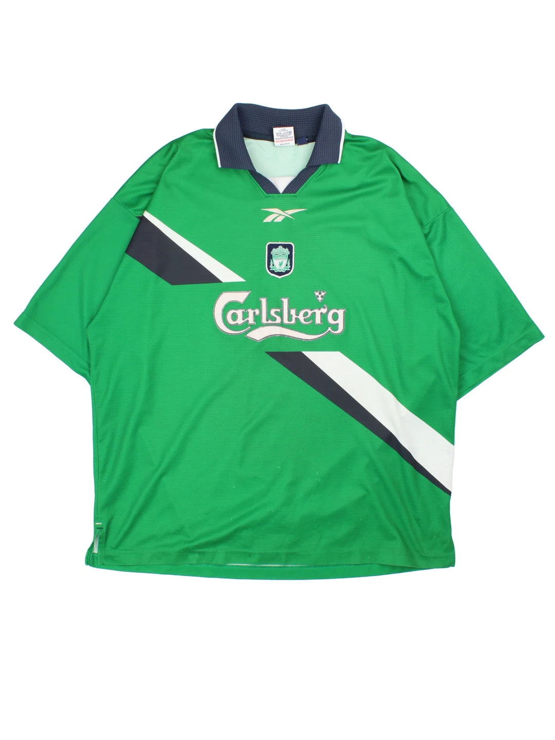 Liverpool 1999/01 Reebok Football Shirt in the green away kit colourway, features logos and badge on the front and retro collar..