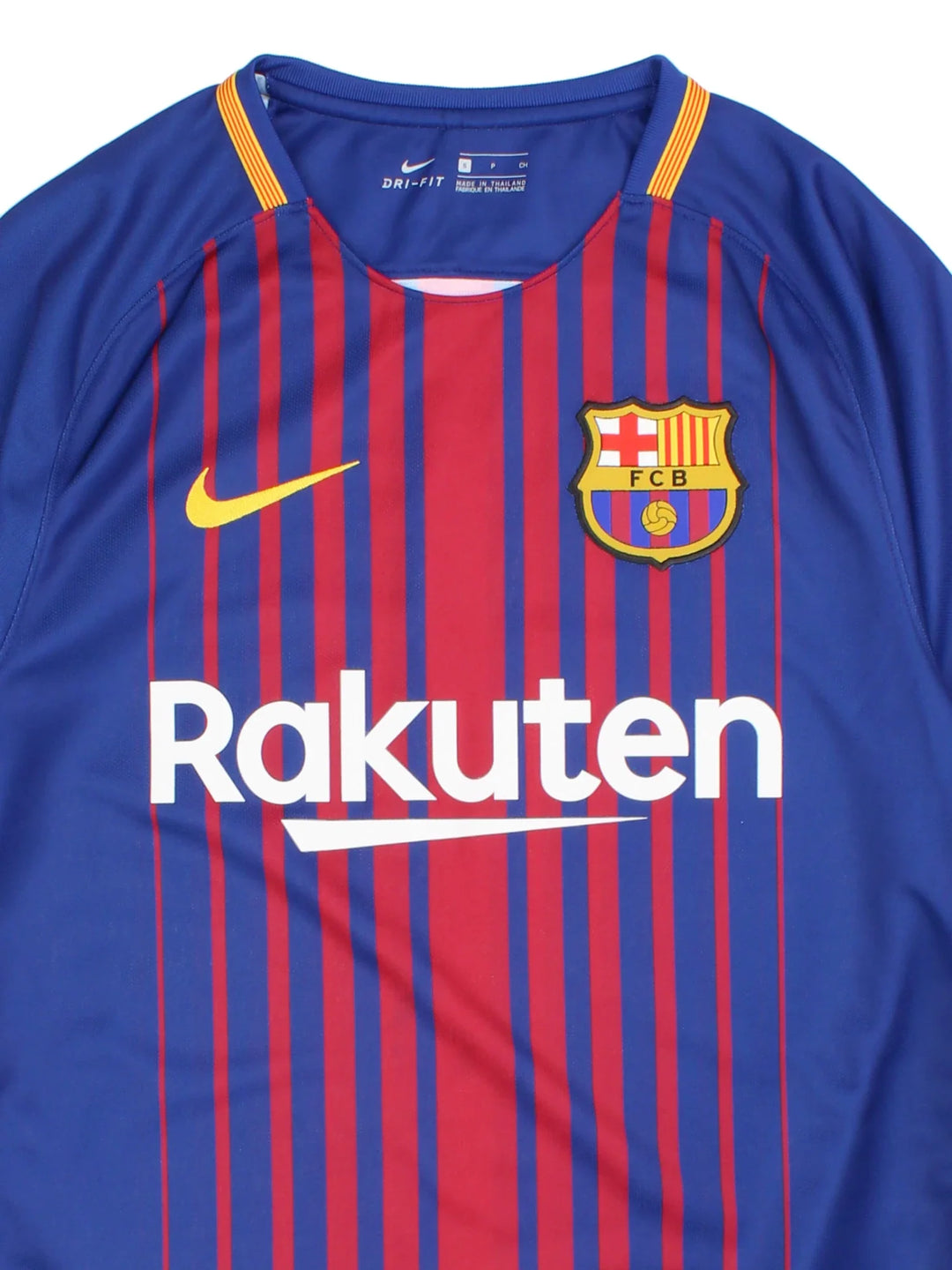 Barcelona 2017/18 Nike Football Shirt in the Red & blue home kit colourway, features printed logos and badge on the front and la liga badge on the sleeve.